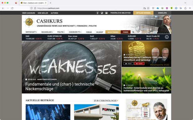 Screenshot Website Dirk Müller Cashkurs: News-Portal mit Paywall, Kundenverwaltung und Payment- und Newsletter-Anbindung